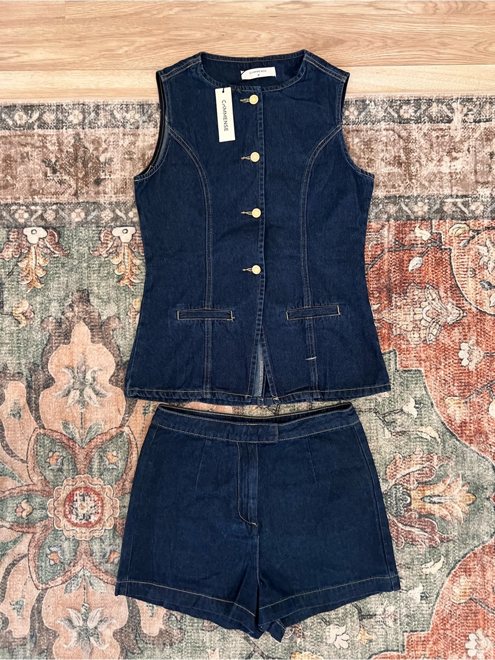 Commense Dark Blue Denim Vest and Shorts Set
